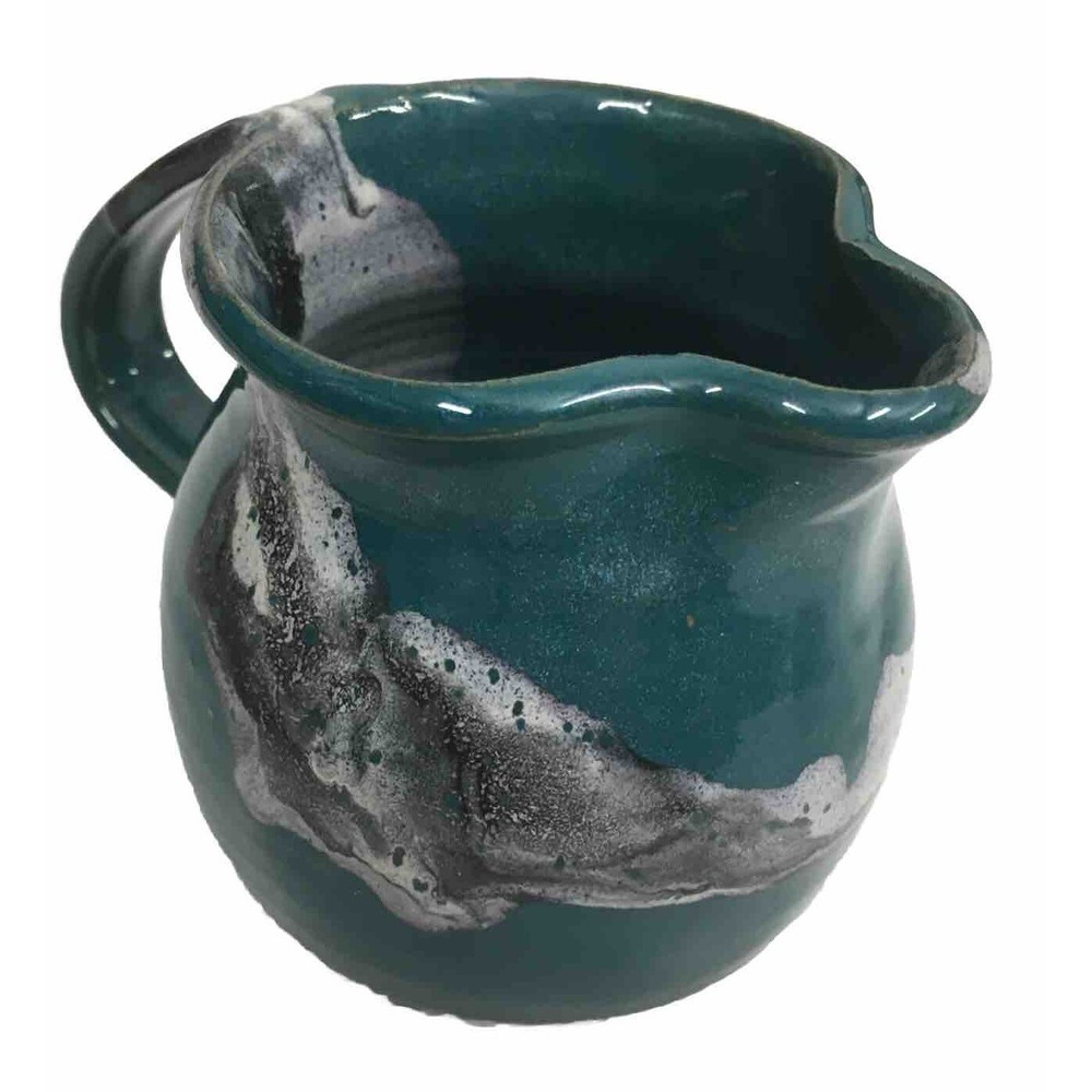 N.C. Signed Earth‎ Spirit Art Pottery Creamer Pitcher Teal Drip Glaze Sea grove